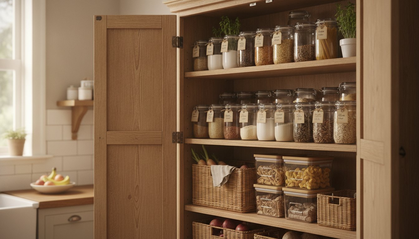 Placard de cuisine organisé avec bocaux et paniers pour le rangement