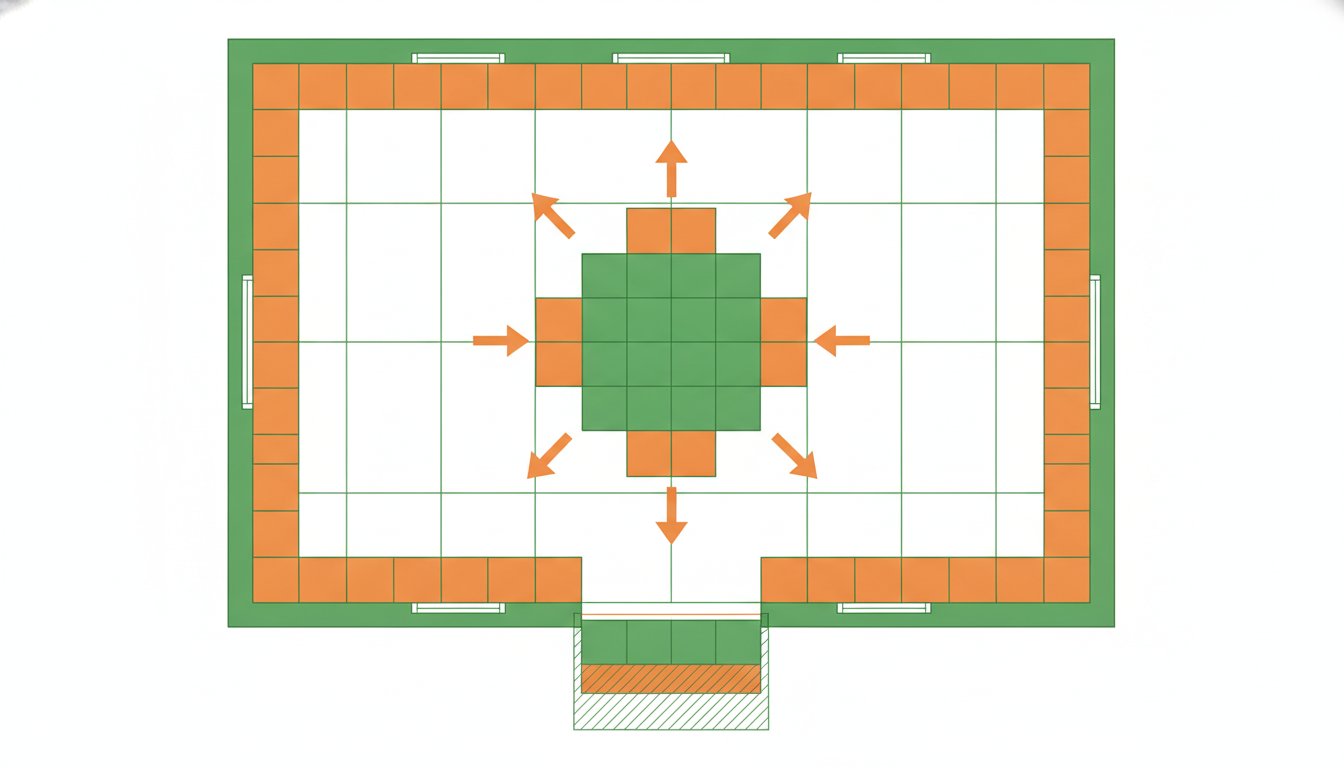 Pose du carrelage sol - schéma du calepinage vu de dessus avec répartition des carreaux