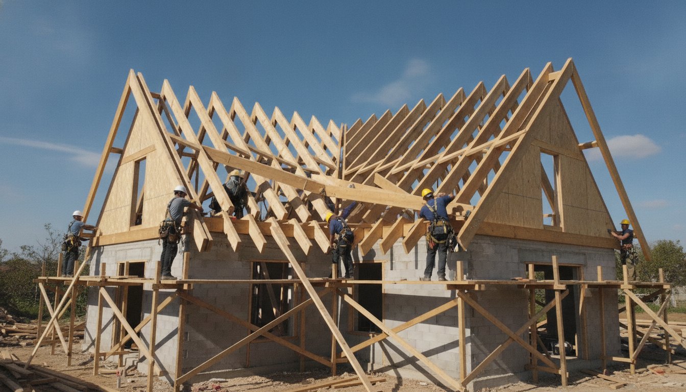 Prix m2 gros oeuvre - charpente en bois assemblée sur une maison en construction