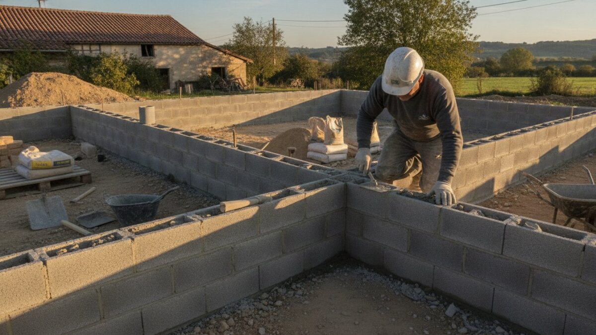 Prix m2 gros oeuvre - macon posant des parpaings sur les fondations d une maison en construction