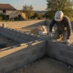 Prix m2 gros oeuvre - macon posant des parpaings sur les fondations d une maison en construction