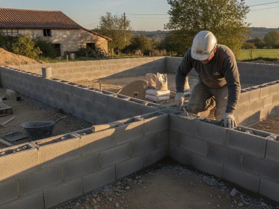 Prix m2 gros oeuvre - macon posant des parpaings sur les fondations d une maison en construction