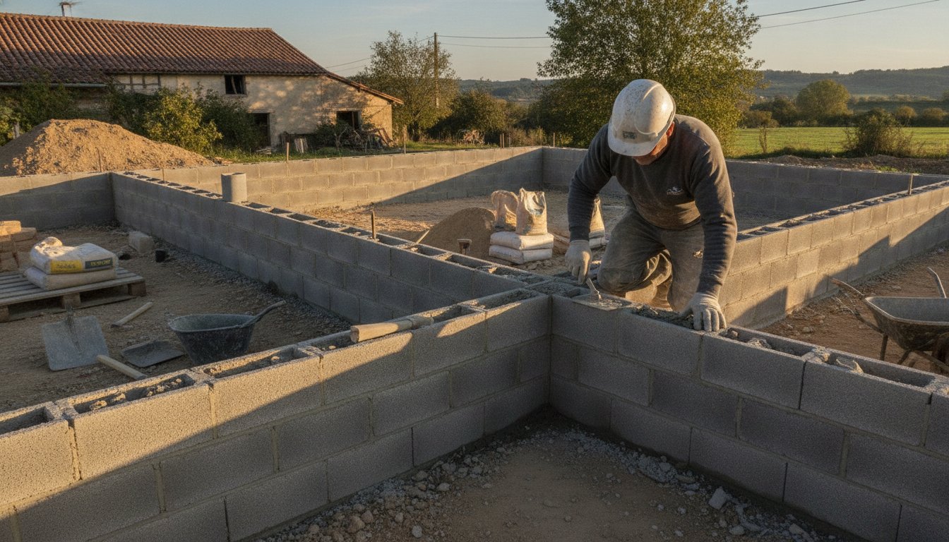 Prix m2 gros oeuvre - maçon posant des parpaings sur les fondations d'une maison en construction
