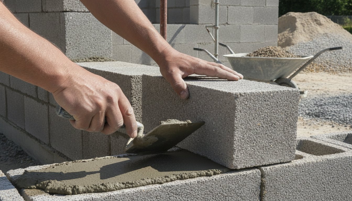 Prix m2 gros oeuvre - maçon posant des blocs de parpaing pour les murs porteurs