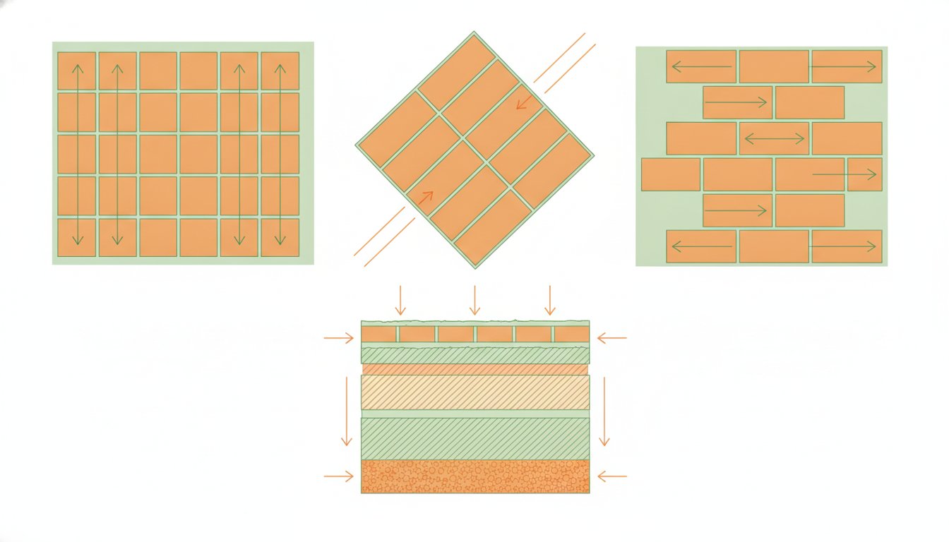Carrelage sol salle de bain - motifs de pose droite, diagonale et quinconce