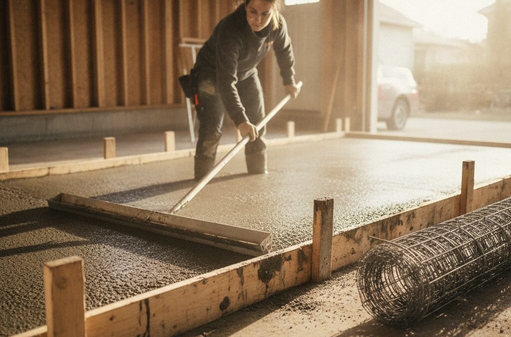 Couler dalle béton garage - lissage du béton à la règle sur un coffrage en bois