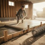 Couler dalle béton garage - lissage du béton à la règle sur un coffrage en bois