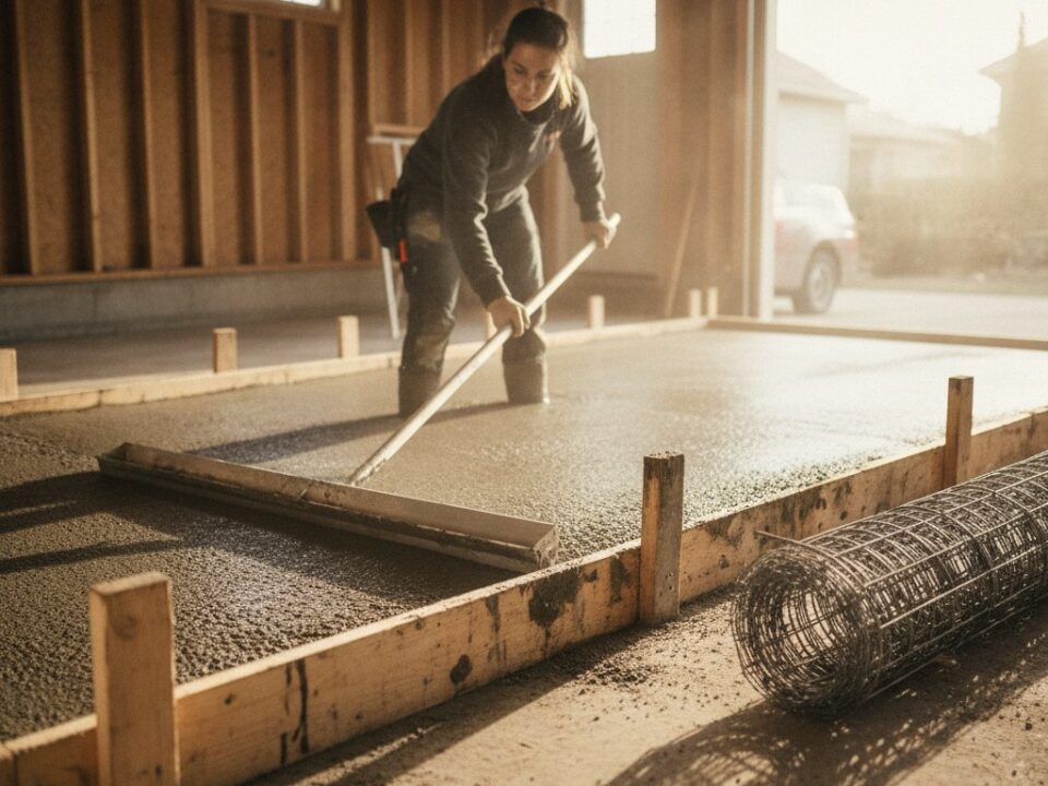 Couler dalle béton garage - lissage du béton à la règle sur un coffrage en bois