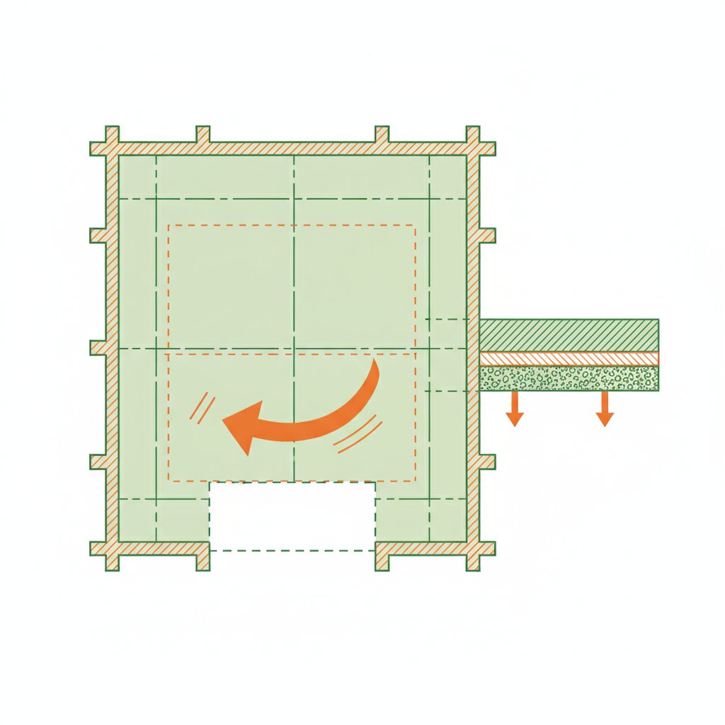 Couler dalle béton garage - plan vu de dessus avec joints de retrait et pente vers le portail