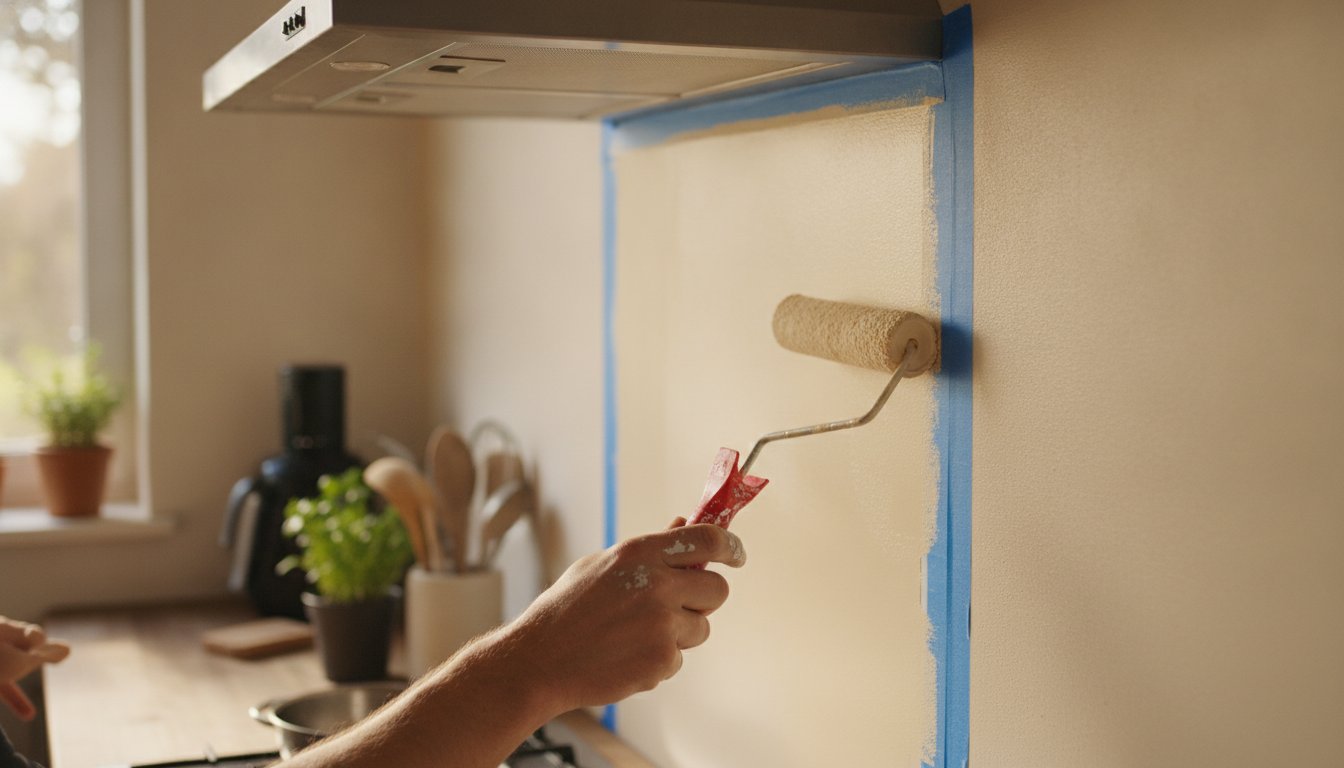 Cuisine peinture mur - application au rouleau près d'une zone protégée par du ruban de masquage