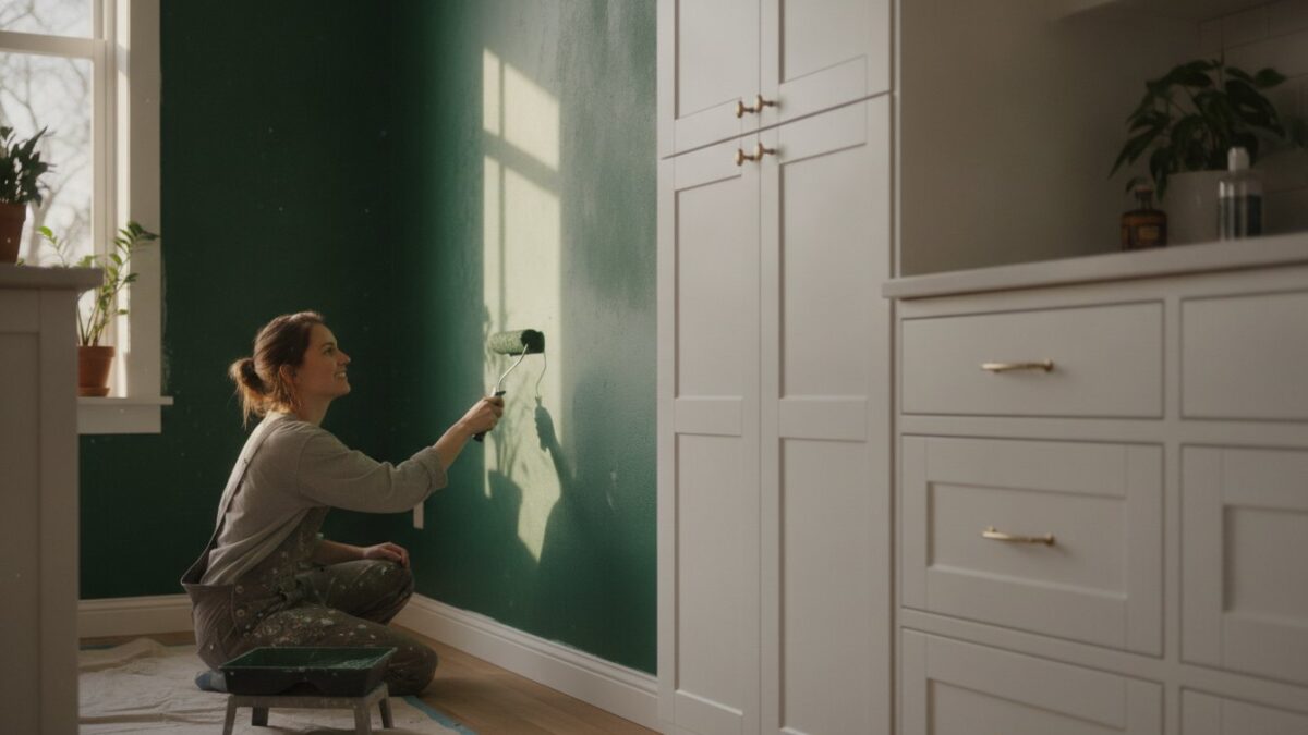 Cuisine peinture mur - application dune peinture verte sur un pan de mur de cuisine