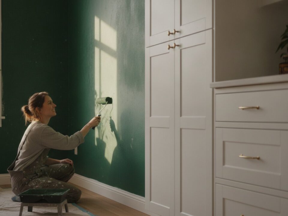 Cuisine peinture mur - application dune peinture verte sur un pan de mur de cuisine