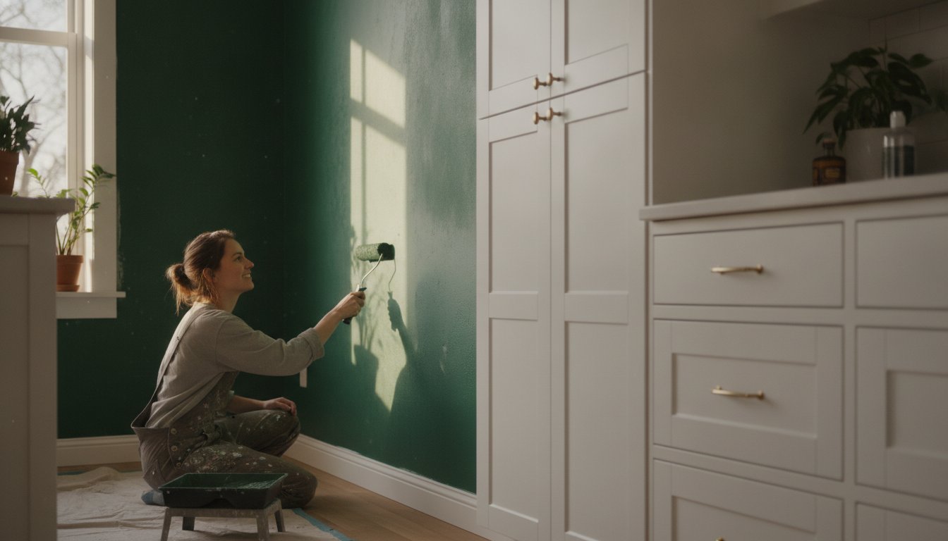 Cuisine peinture mur - application d'une peinture verte sur un pan de mur de cuisine