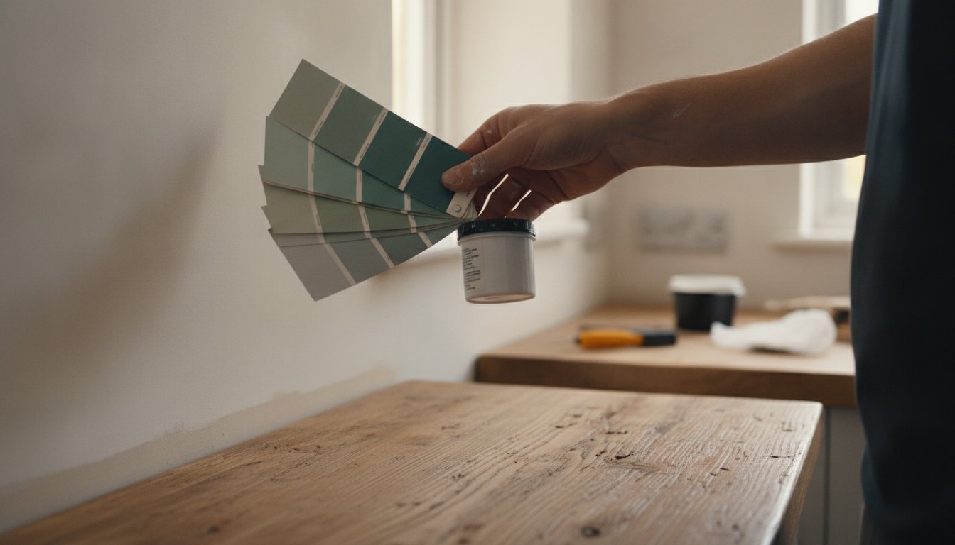 Cuisine peinture mur - nuancier et pot de peinture testeur près du plan de travail