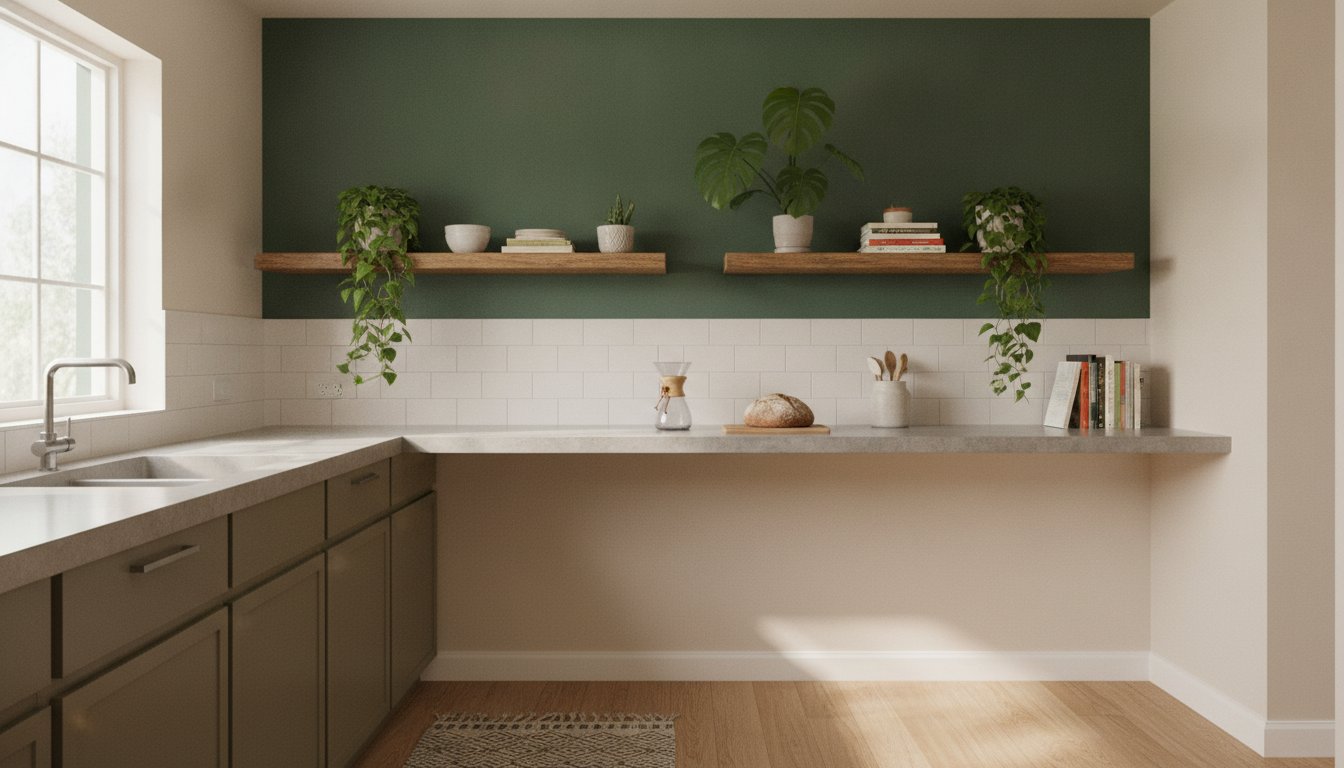 Cuisine peinture mur - résultat final avec un pan de mur vert forêt et étagères en bois