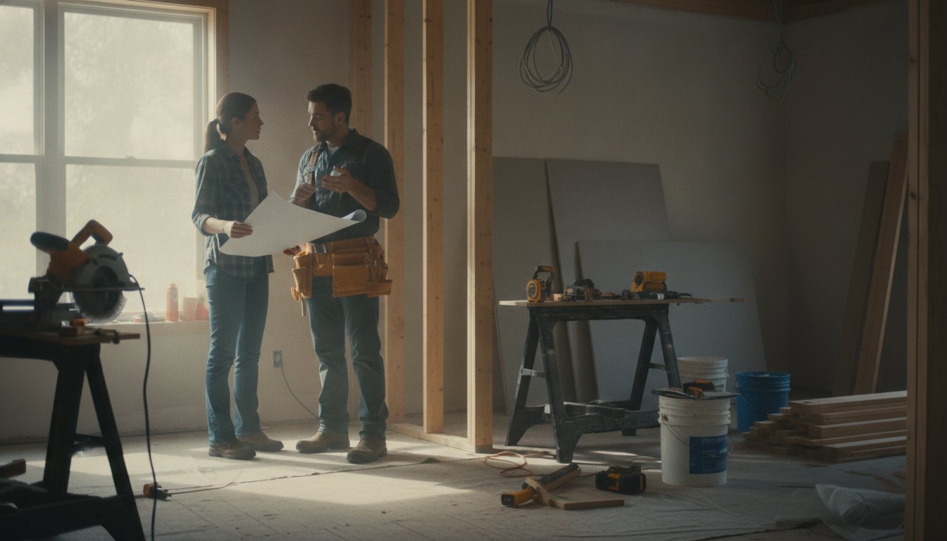 Devis rénovation maison - artisan et propriétaire discutant des travaux sur un chantier en cours
