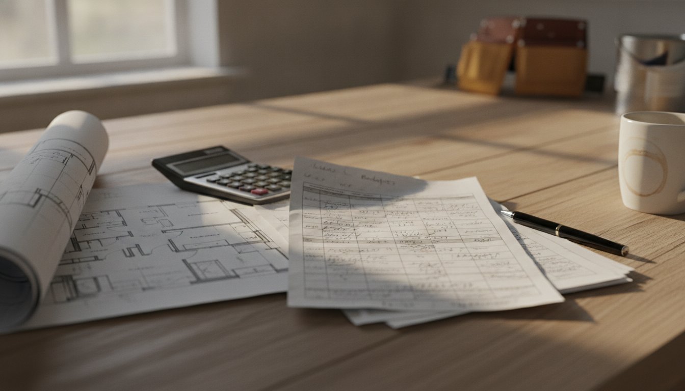 Devis rénovation maison - documents budgétaires, plans et calculatrice sur une table en bois