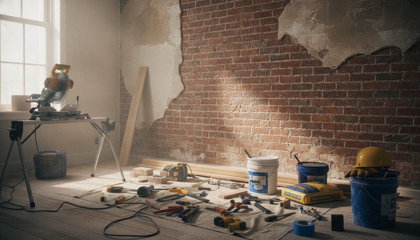 Devis rénovation maison - chantier de rénovation en cours avec mur apparent et matériaux organisés