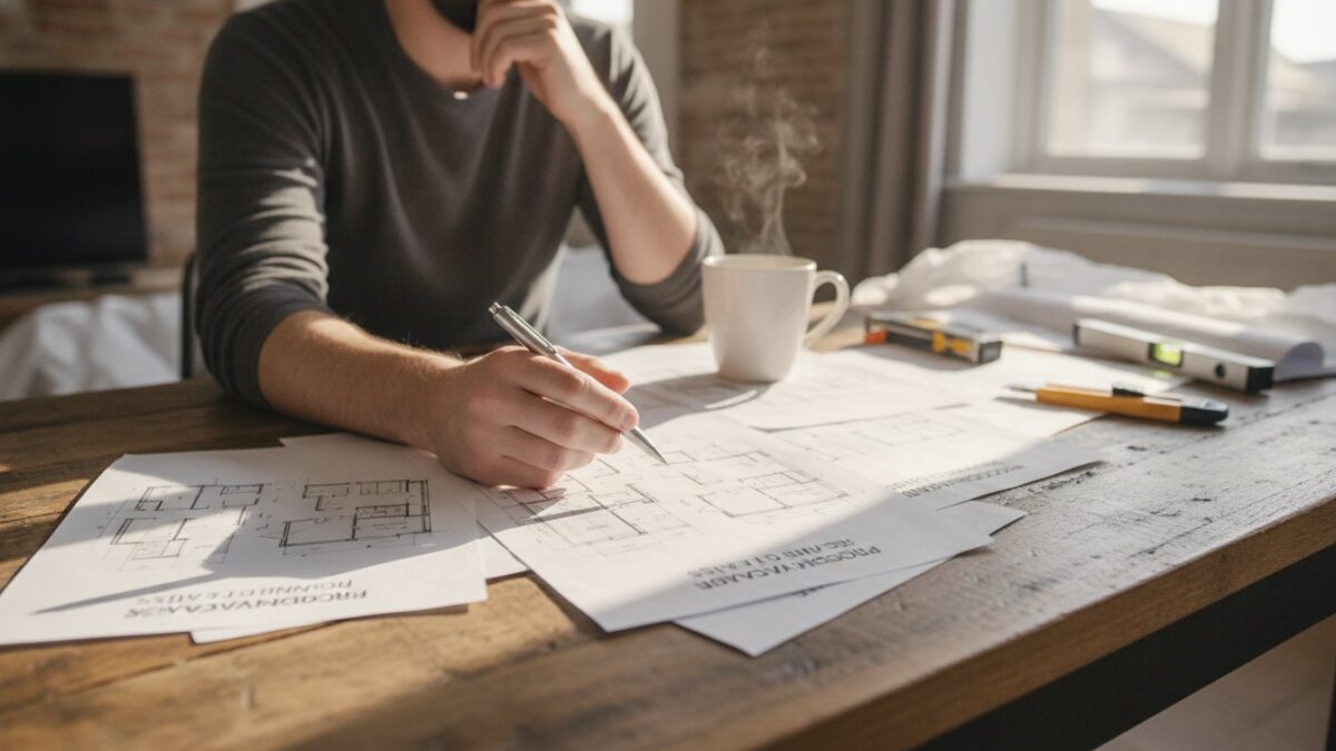 Devis renovation maison - personne examinant des plans et documents de devis sur une table en bois