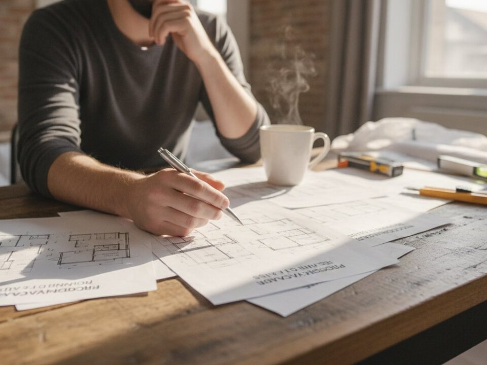 Devis renovation maison - personne examinant des plans et documents de devis sur une table en bois