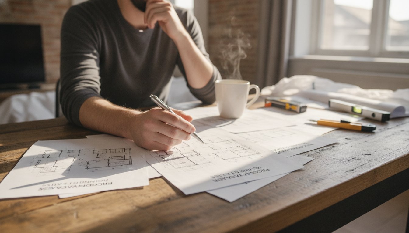 Devis rénovation maison - personne examinant des plans et documents de devis sur une table en bois
