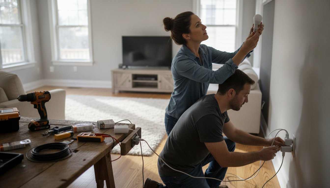 Meilleur fournisseur électricité comparatif - ampoules LED et multiprise pour réduire la consommation dans une pièce rénovée