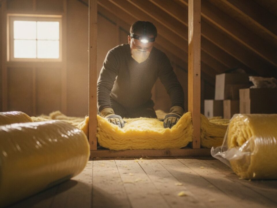 Isolation combles perdus laine de verre prix - bricoleur déroulant de la laine de verre entre les solives