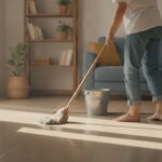 Nettoyer carrelage sol avec une serpilliere dans un salon lumineux