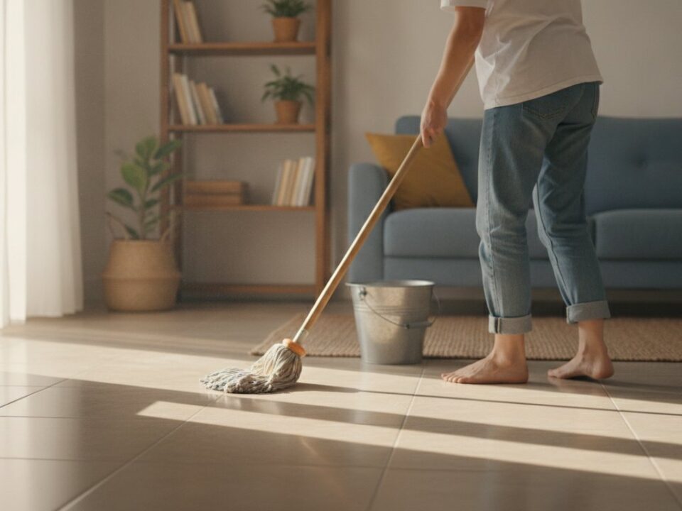 Nettoyer carrelage sol avec une serpilliere dans un salon lumineux