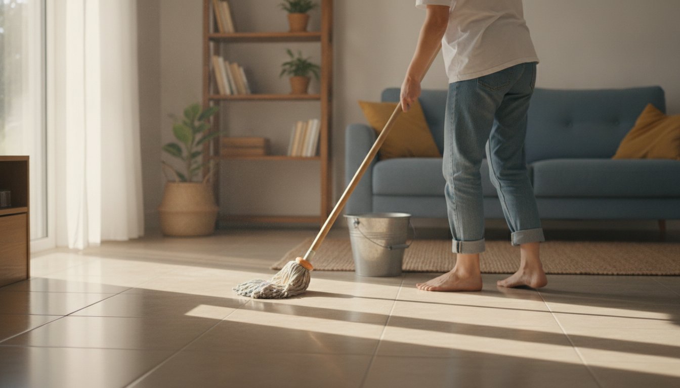 Nettoyer carrelage sol avec une serpillière dans un salon lumineux
