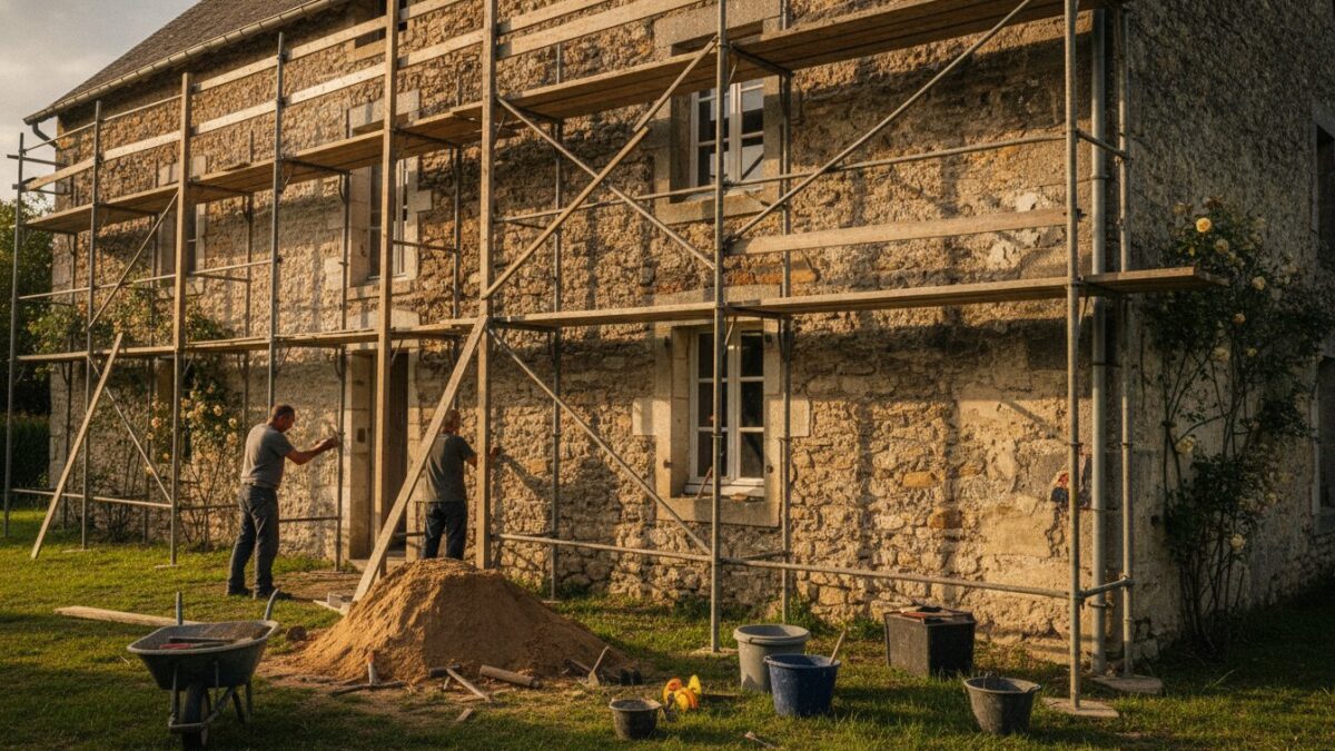prix renovation maison ancienne - maison en pierre en cours de renovation avec echafaudage