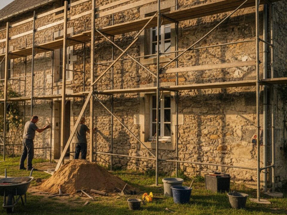 prix renovation maison ancienne - maison en pierre en cours de renovation avec echafaudage