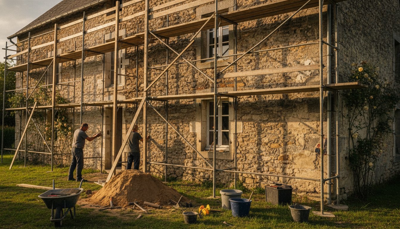 prix renovation maison ancienne - maison en pierre en cours de renovation avec echafaudage