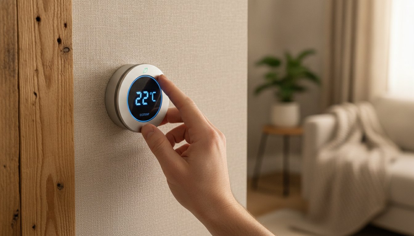 Reduire facture electricite astuces - main ajustant un thermostat connecte dans un salon