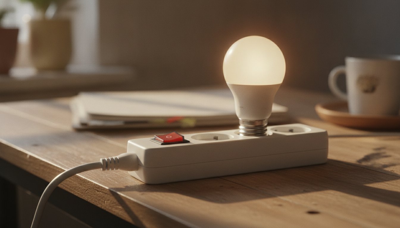 Reduire facture electricite astuces - multiprise coupe veille et ampoule led sur un bureau