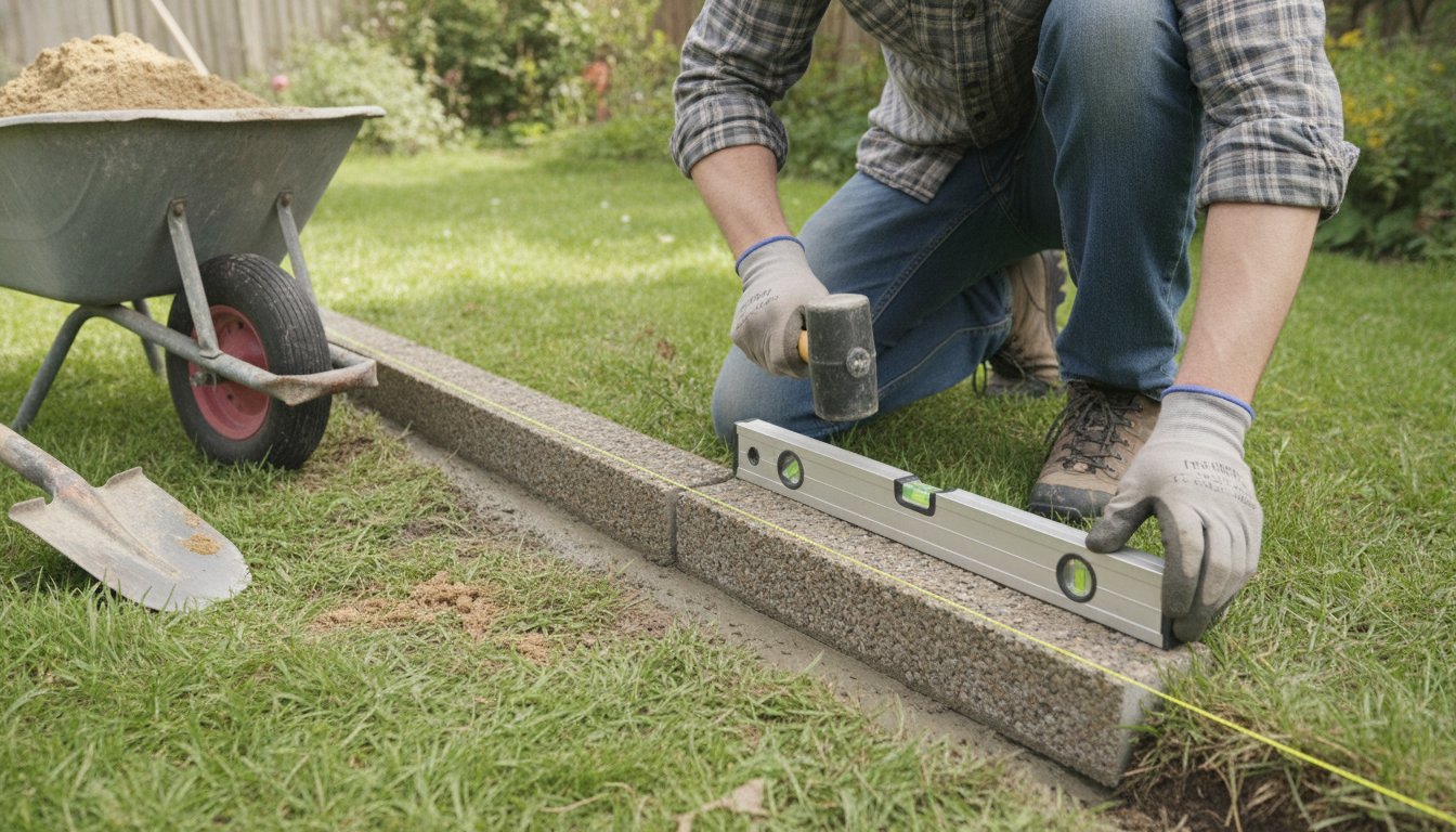 bordure béton jardin pose - mise en place d'une bordure au maillet et au niveau