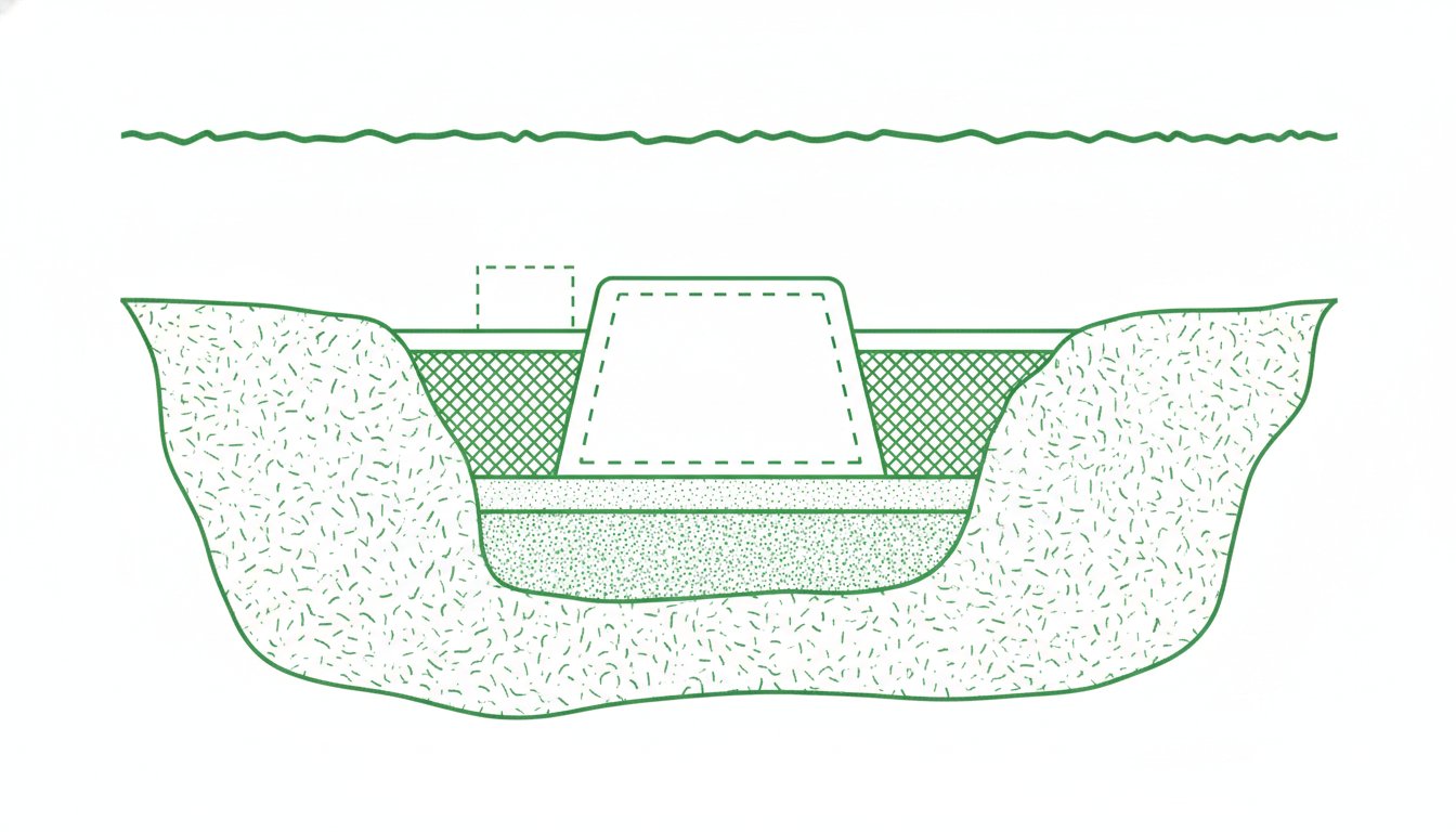 bordure béton jardin pose - coupe : tranchée, lit de béton, bordure et calage arrière
