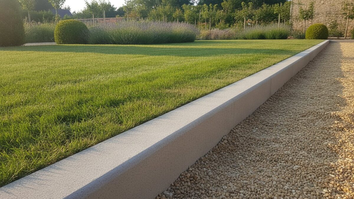 bordure béton jardin pose - bordure en béton alignée entre pelouse et allée de jardin