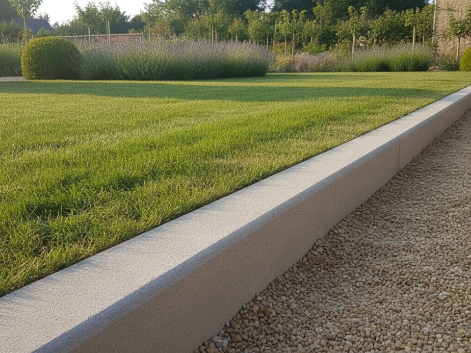 bordure béton jardin pose - bordure en béton alignée entre pelouse et allée de jardin