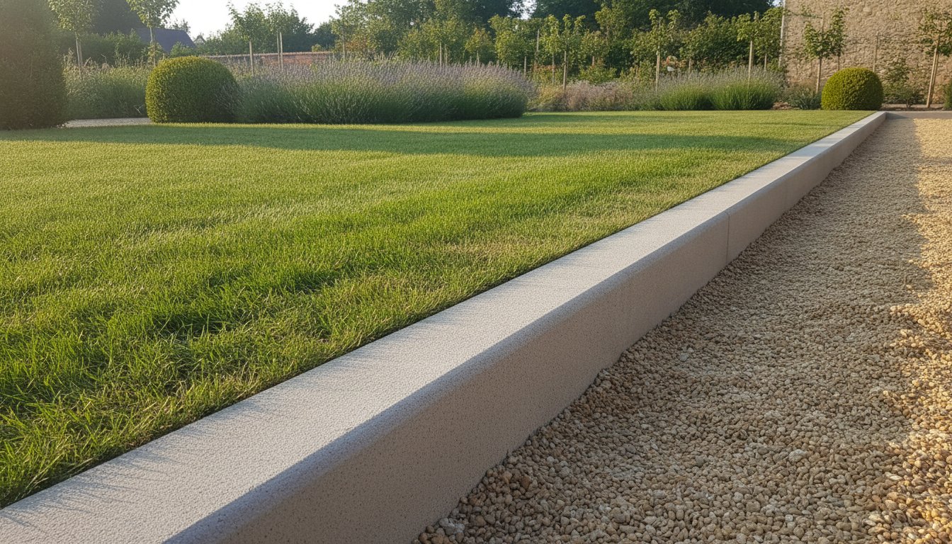 bordure béton jardin pose - bordure en béton alignée entre pelouse et allée de jardin