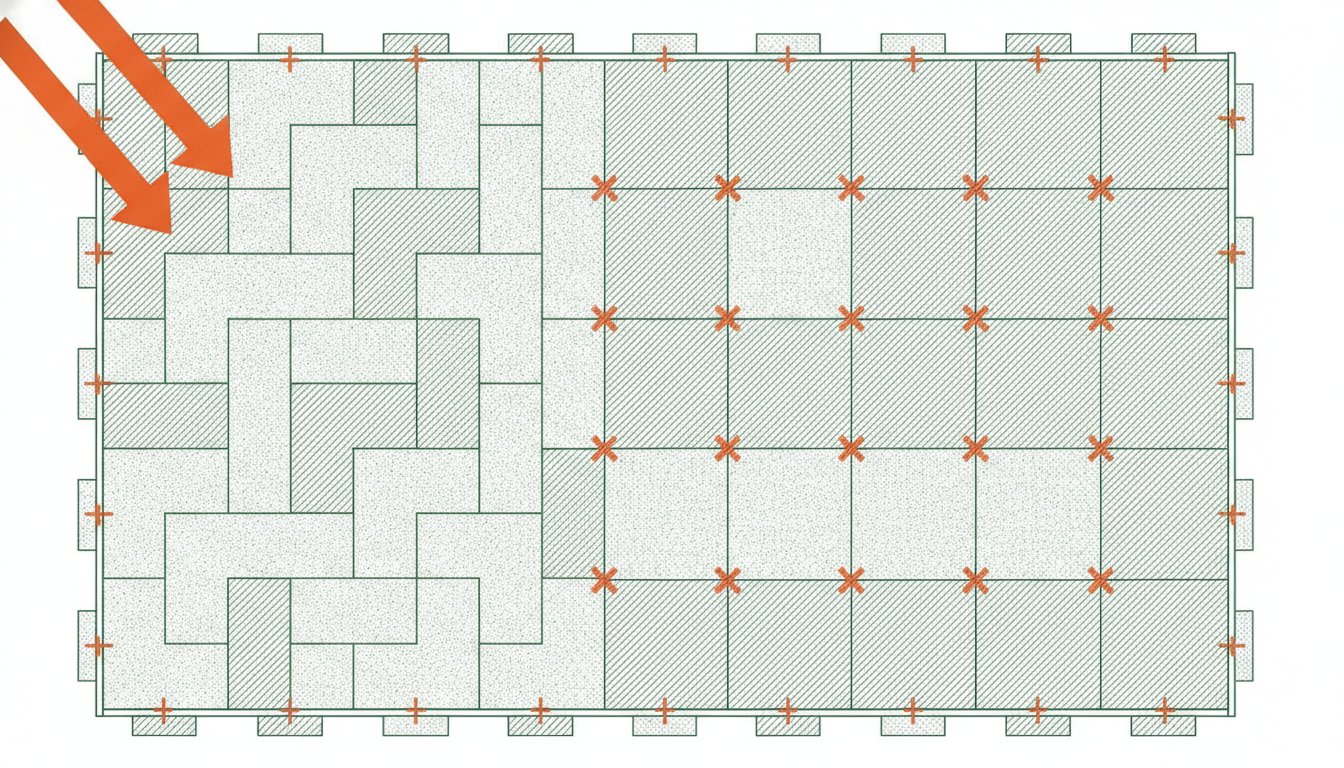 Calepinage dalle terrasse - plan de pose vu de dessus avec disposition droite et décalée