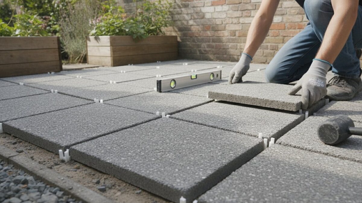 Calepinage dalle terrasse - pose de dalles béton avec croisillons et niveau à bulle