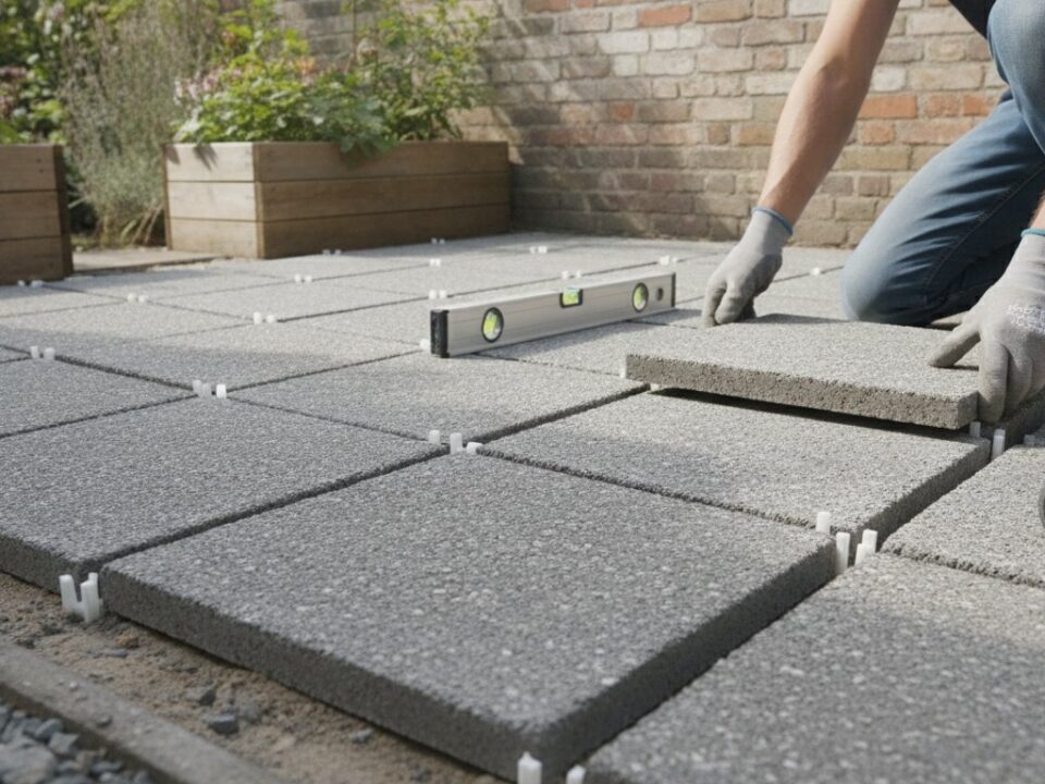 Calepinage dalle terrasse - pose de dalles béton avec croisillons et niveau à bulle