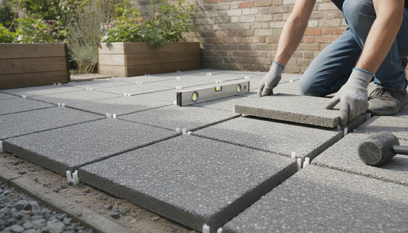 Calepinage dalle terrasse - pose de dalles béton avec croisillons et niveau à bulle