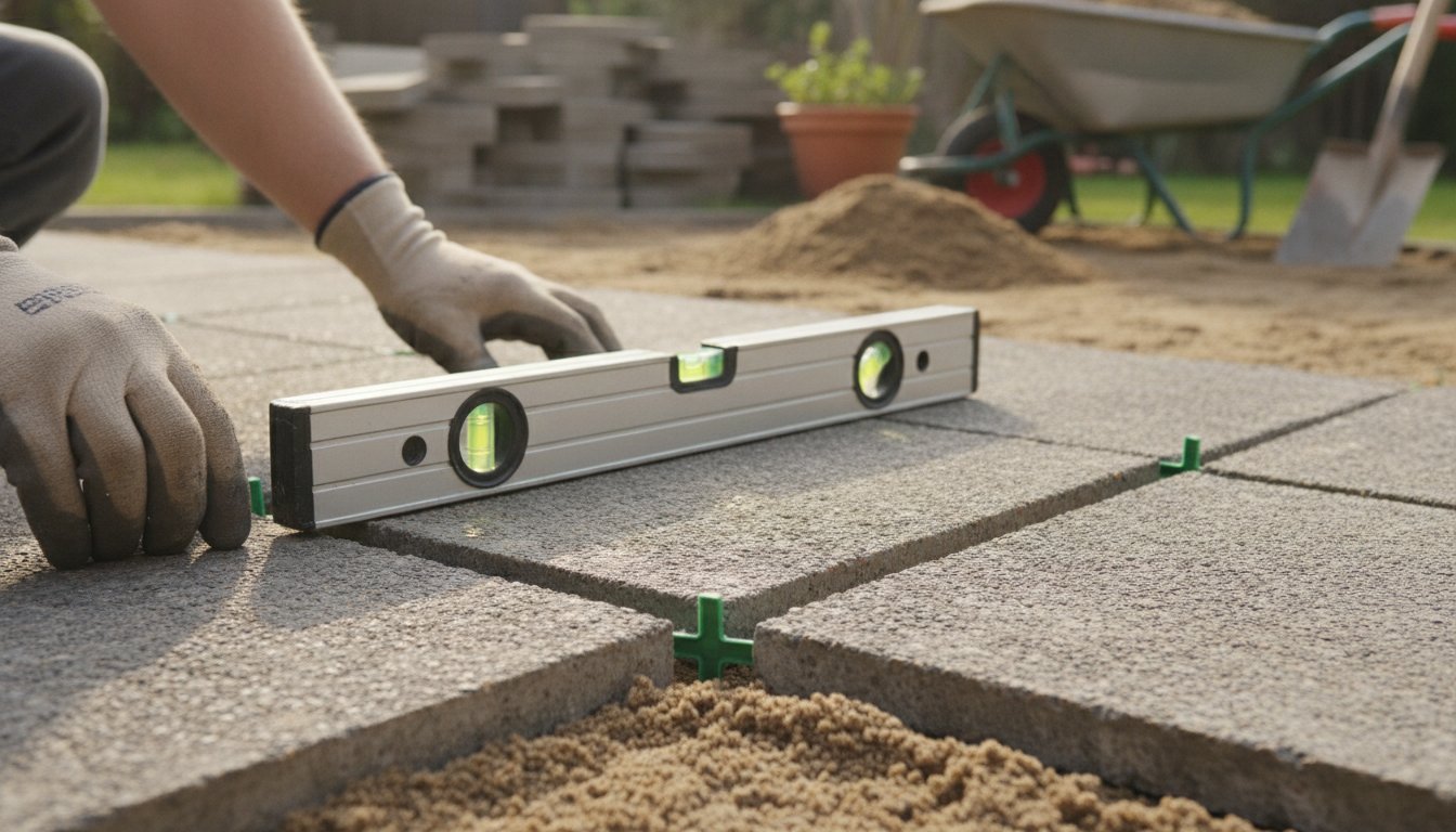Calepinage dalle terrasse - réglage d'une dalle béton au niveau sur un lit de sable