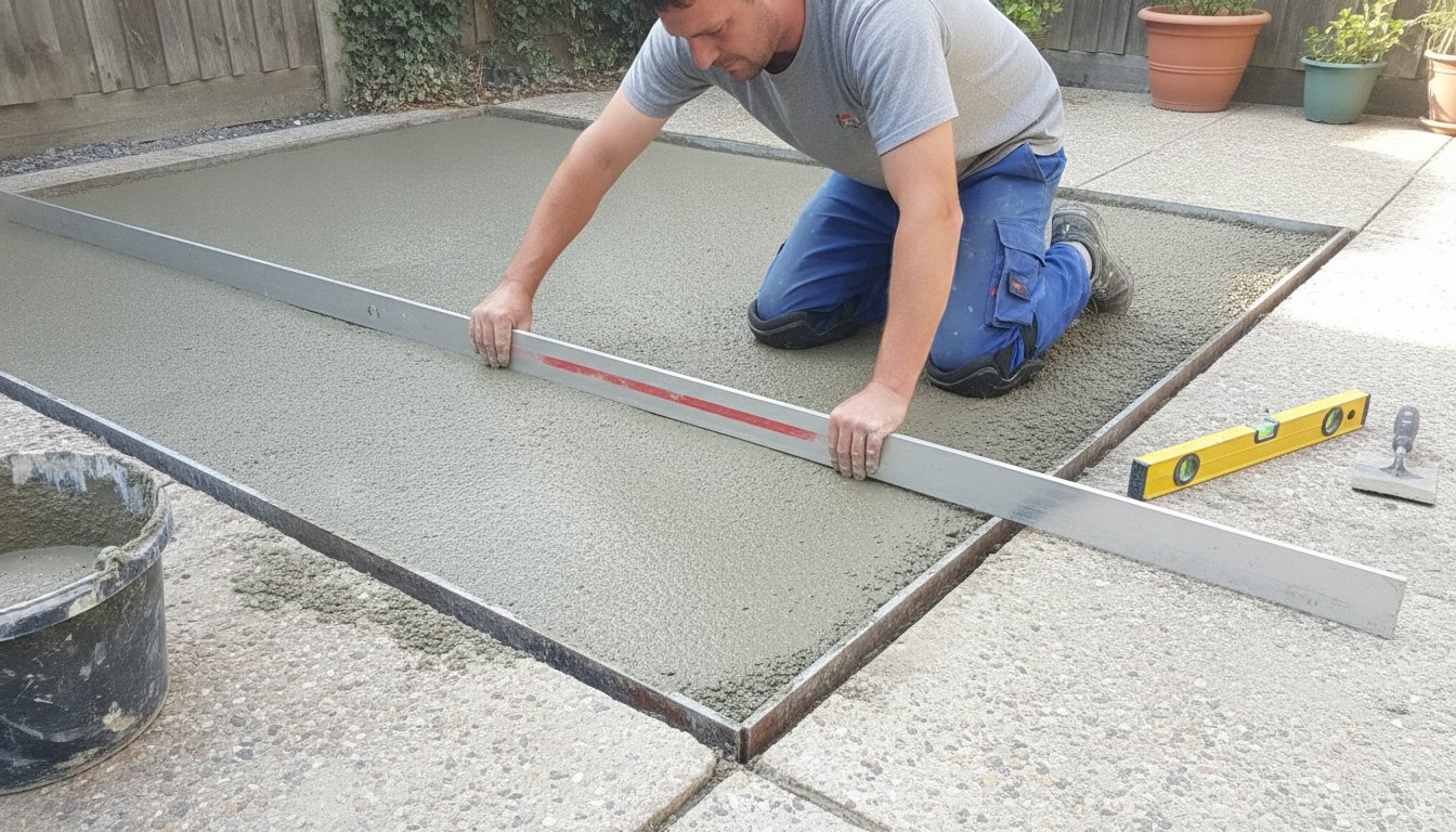 chape béton extérieur épaisseur - réglage de la chape à la règle sur rails de guidage