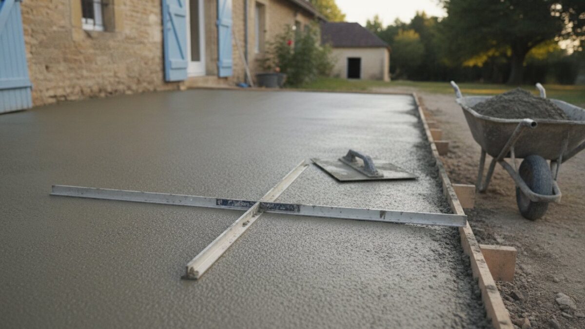 chape béton extérieur épaisseur - chape fraîchement tirée à la règle sur une terrasse