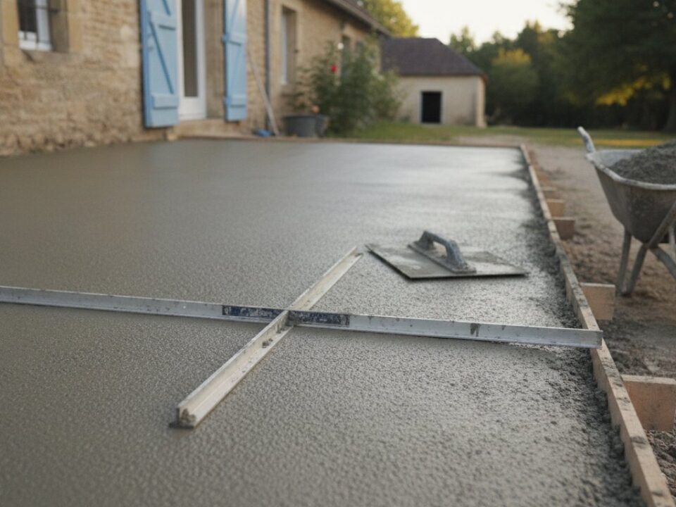 chape béton extérieur épaisseur - chape fraîchement tirée à la règle sur une terrasse