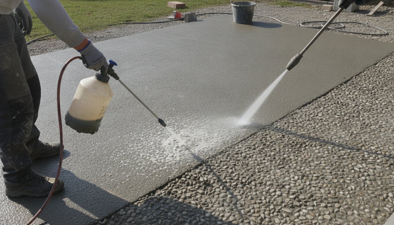 dalle béton gravillonnée terrasse - application du désactivant puis lavage haute pression