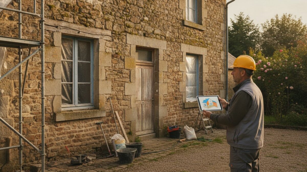 dpe maison ancienne obligation - maison en pierre et diagnostiqueur avec tablette